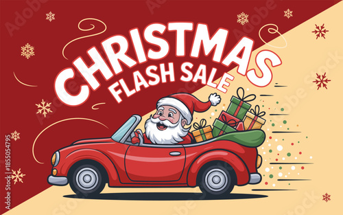 Retro santa claus driving red convertible for christmas flash sale