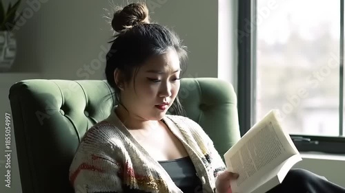 Young Asian woman engrossed in reading a book in a cozy armchair by the window.