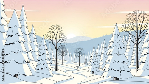 Snowy forest landscape with coniferous trees, bare trees, and winding road at sunset, serene winter scenery