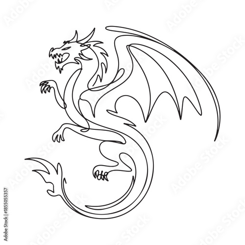 Detailed line art illustration of a majestic dragon in a dynamic pose