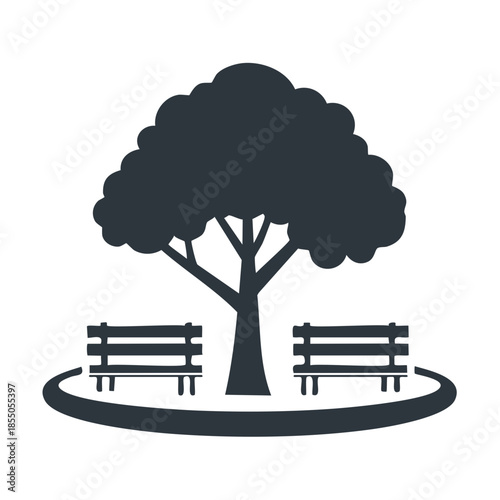 Park Icon featuring Tree with Two Benches. Outdoor Graphic symbol.