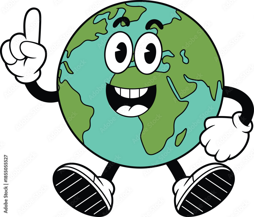 Fototapeta premium Cute Earth cartoon character illustration with smiling globe, pointing gesture, friendly mascot design for education, environment, kids graphics