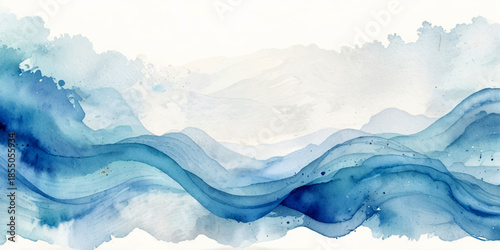 Abstract blue watercolor sea wave background with layered flowing waves, cloudy textures and soft gradients, hand-painted ocean on clean white artistic backdrop