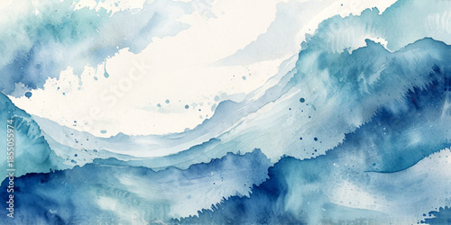 Soft blue watercolor abstract background with flowing ocean waves, gentle gradients, cloudy textures and white space, hand-painted sea in calm artistic style
