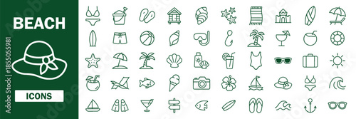 Minimal Black Line Beach Icons Including Travel Gear, Tropical Plants, Ocean Waves, Water Sports, Sun Protection and Summer.