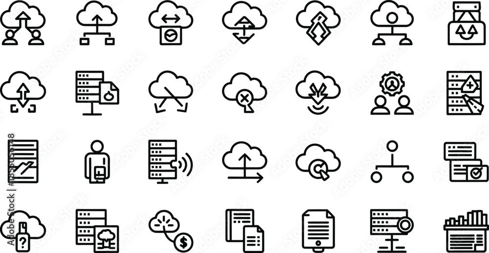 Obraz premium Cloud computing icons and symbols representing data storage, network connections, and digital services