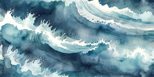 Blue watercolor abstract wave background featuring layered flowing sea waves, soft cloudy textures, smooth gradients and hand-painted ocean illustration on white backdrop
