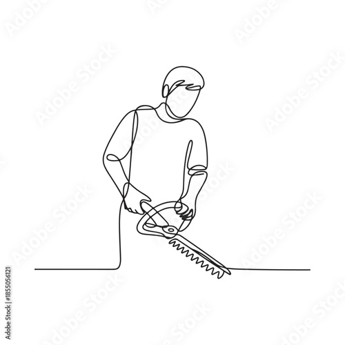 Continuous line drawing of a man using a handheld hedge trimmer