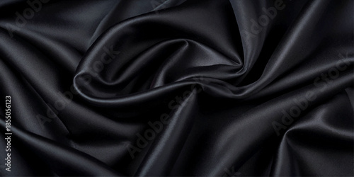 Premium Luxurious Black Silk and Satin Fabric Texture with Smooth Flowing Waves, Curved Drapery, and Soft Highlights for an Elegant Abstract Background