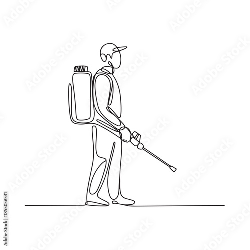 Line art illustration of a worker with a sprayer on their back