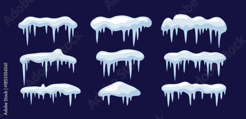 snow icicles frame, frozen winter decoration, frost border vector background design with realistic ice crystals, hanging icy elements, and cold seasonal aesthetic ornaments.