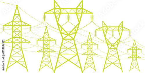 Electric power transmission towers illustration, high voltage pylons with overhead lines, energy grid infrastructure, black line art vector design