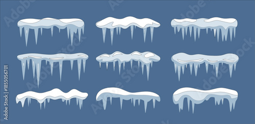 snow icicles frame, frozen winter decoration, frost border vector background design for christmas cards, holiday greetings, seasonal sales, and winter wonderland themed graphic projects.