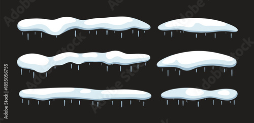 snow icicles frame, frozen winter decoration, frost border vector background design with realistic ice crystals, hanging icy elements, and cold seasonal aesthetic ornaments.