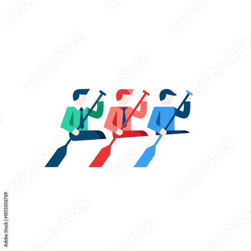 Team of three abstract figures sitting in a stylized boat paddling synchronously, demonstrating unified effort and business coordination in a pure flat 2D vector illustration.