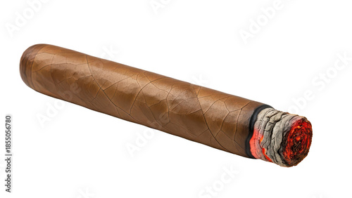 Luxury premium cigar with burning glowing tip, isolated background