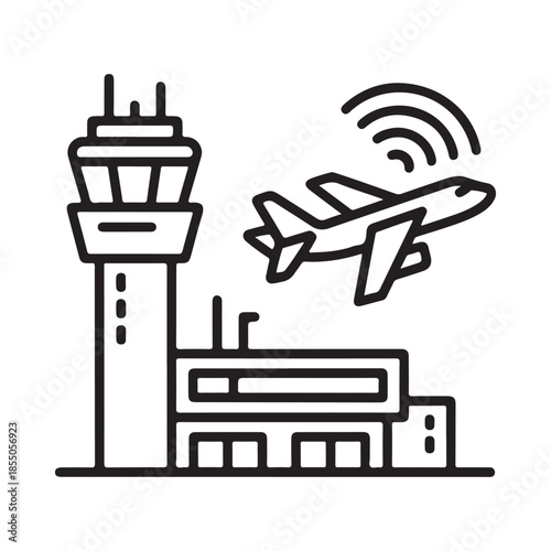 Airport control tower with airplane taking off simple line art illustration