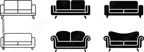 A selection of six different sofa and couch icons in black and white silhouette and outline styles