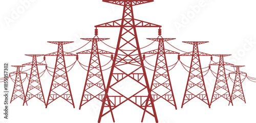 Electric power transmission towers illustration, high voltage pylons with overhead lines, energy grid infrastructure, black line art vector design