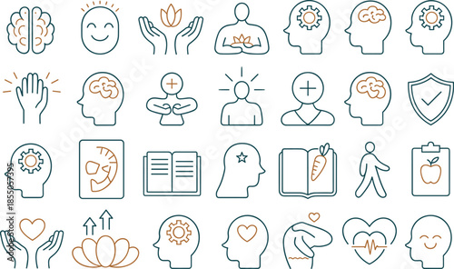 Mental health and wellness line icon set, mindfulness self care psychology symbols, minimalist outline design for healthcare apps