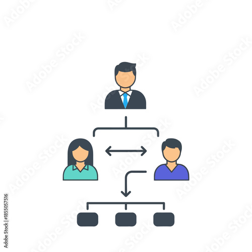 Flat 2D Vector Illustration: Seasonal business manager delegates tasks to colleagues, forming an efficient organizational process flow diagram using geometric arrows.