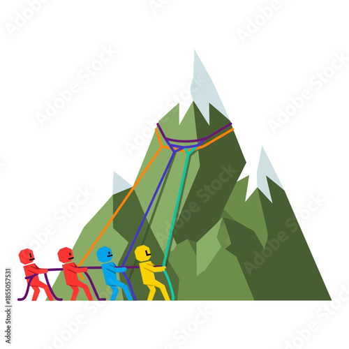 Flat 2D vector illustration of a small team of geometric characters pulling ropes toward a mountain, visualizing shared effort, ambition, and overcoming business challenges.