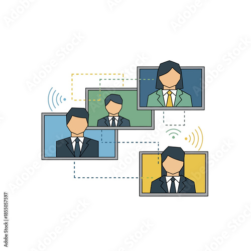 Efficient remote business teamwork depicted in a pure flat 2D vector illustration, showing three connected geometric figures communicating via a laptop and a tablet.