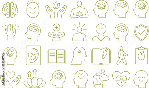 Mental health and wellness line icon set, mindfulness self care psychology symbols, minimalist outline design for healthcare apps