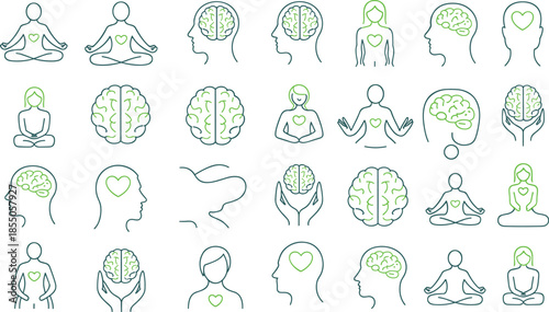 Mental health and wellness line icon set, mindfulness self care psychology symbols, minimalist outline design for healthcare apps