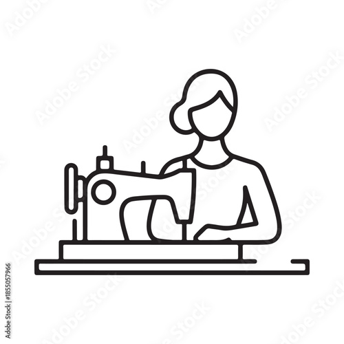 Simple line illustration of a woman operating a sewing machine at a table