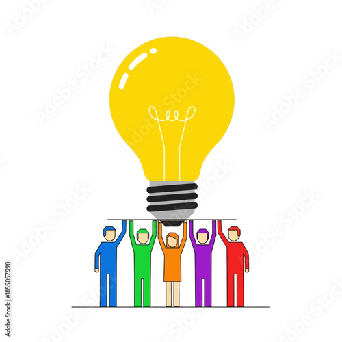 Collaborative team supporting a big idea, 2D flat vector illustration of five colorful geometric people holding up a massive floating lightbulb, symbolizing shared foundational innovation.