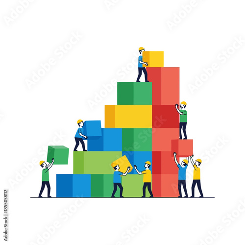 Clean 2D flat vector illustration featuring geometric workers stacking vibrant solid color blocks to form a growing bar chart, symbolizing collaborative project success and economic progress.