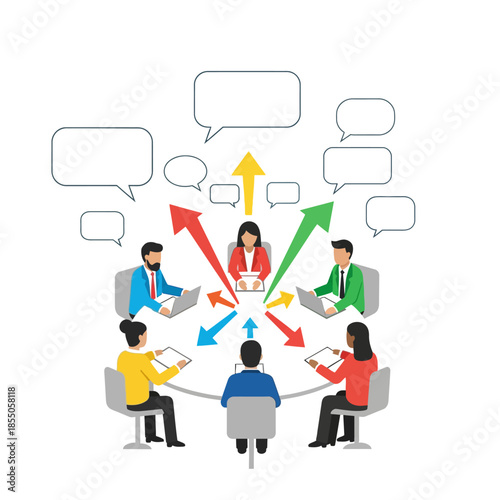 Business collaboration and vigorous idea exchange are depicted by five diverse professionals meeting around a round table in this clean, pure flat style vector illustration.