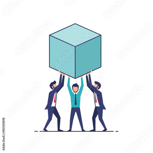 Three professionals use unified strength to lift a massive geometric impediment, symbolizing teamwork overcoming difficult challenges, in a minimalist 2D vector illustration.
