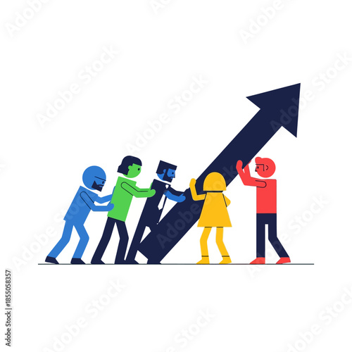 A 2D flat vector illustration depicts a multinational team of four geometric characters collaboratively pushing a large upward-trending arrow, symbolizing joint business progress and synergy.