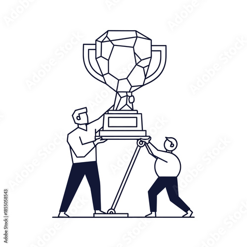 Synchronized teamwork and strategic leverage help two geometric professionals balance a massive conceptual success trophy in a minimalist 2D flat vector illustration.