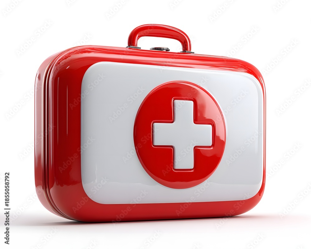 Fototapeta premium Bright Red First Aid Kit with White Cross on a Clean Surface