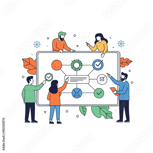 Successful business collaboration shown in a pure flat 2D vector illustration where four colleagues analyze a complex digital workflow chart on a large tablet.
