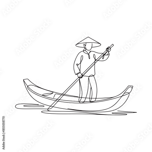 Simple line drawing of a person in a boat with a conical hat