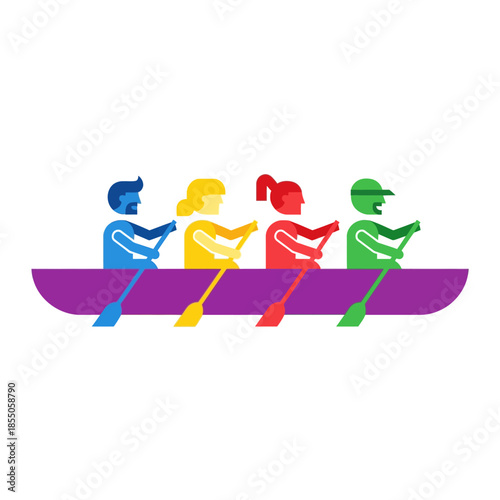 Pure flat 2D vector illustration showing four diverse geometric characters strategically paddling a simple rowboat, representing collaborative teamwork and unified business goals.
