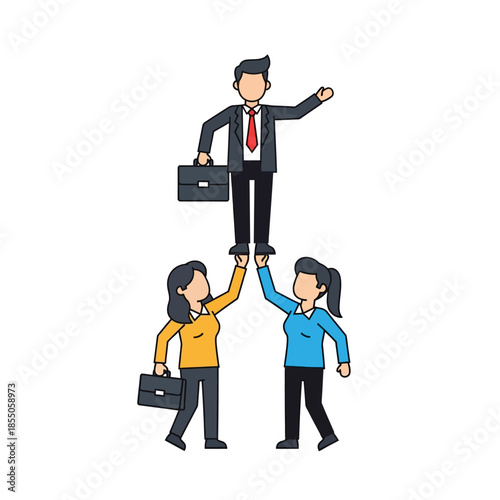 Professional team support and mutual reliance are depicted in this 2D flat vector illustration of colleagues boosting a business person upwards with interlocked hands.