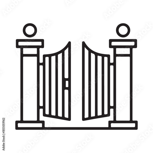 An open wrought iron gate with decorative pillars a simple line drawing