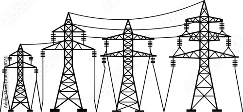 High voltage power transmission towers illustration, black and white electricity pylons line art, industrial energy infrastructure design