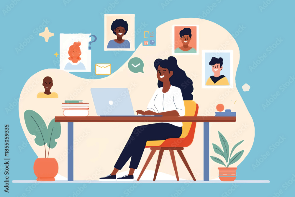 Fototapeta premium Remote Work Concept Woman Working on Laptop Flat Vector Illustration