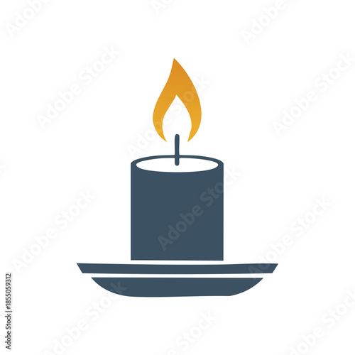Candle with flame vector illustration on plate simple flat design, burning wax candlelight decoration