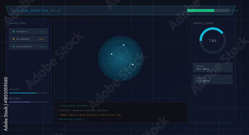 Cybernetic System Interface: A futuristic digital interface, showcasing data analysis through interconnected nodes and vibrant data flow visualizations, set against a dark backdrop.