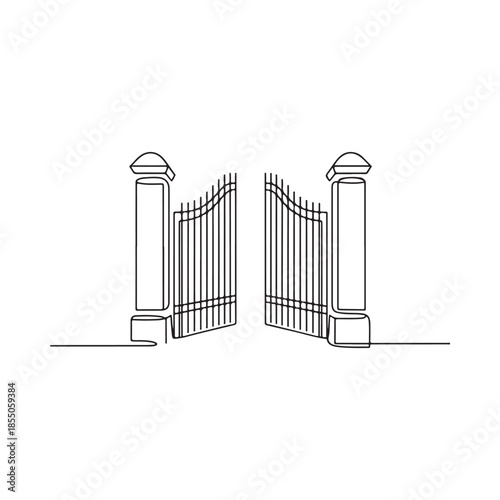 A minimalistic line drawing depicting an open ornate gate with stone pillars