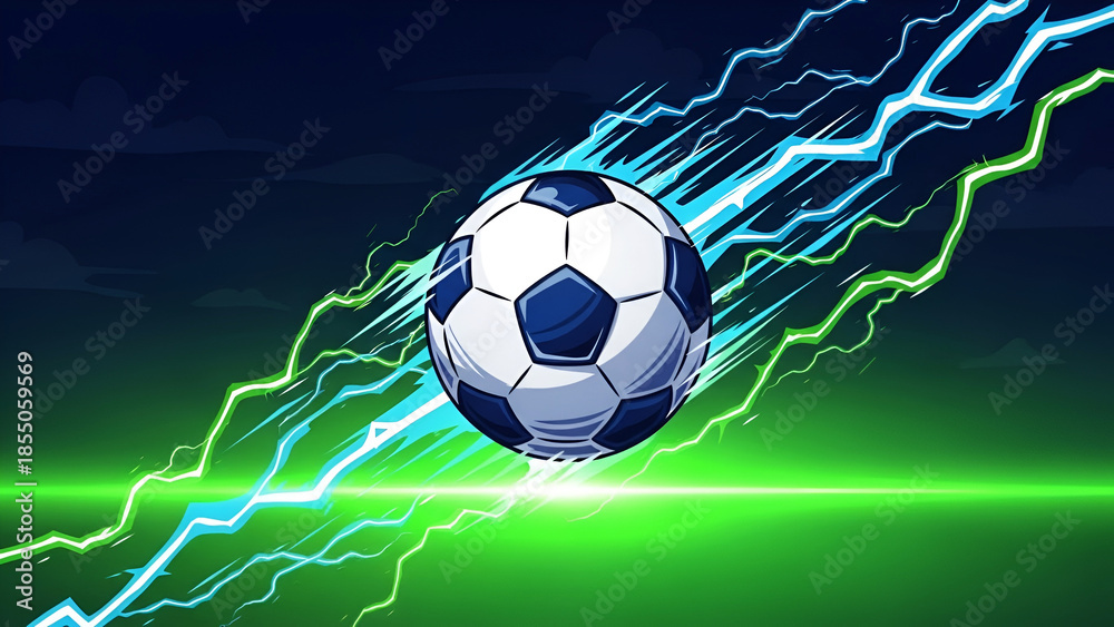 Naklejka premium Soccer ball with blue and green lightning streaks on dark background football sport