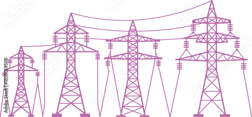 High voltage power transmission towers illustration, black and white electricity pylons line art, industrial energy infrastructure design
