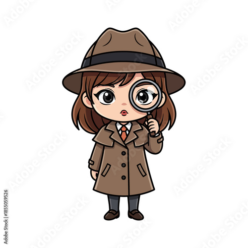 Cartoon Female Detective with Magnifying Glass.